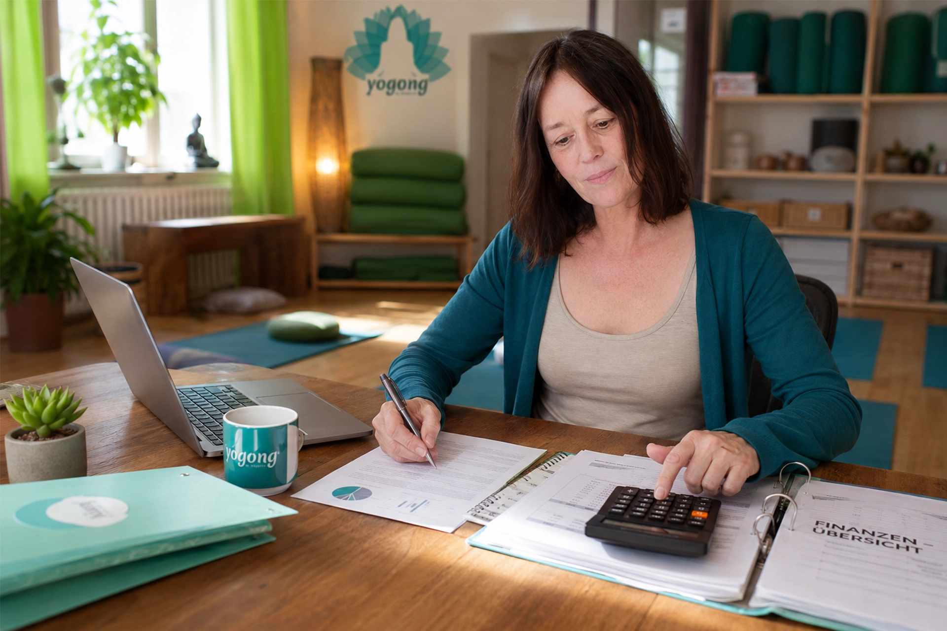 Brigitte Konstroffer arbeitet am Schreibtisch mit Taschenrechner an den Zahlen und Finanzen eines Yogastudios