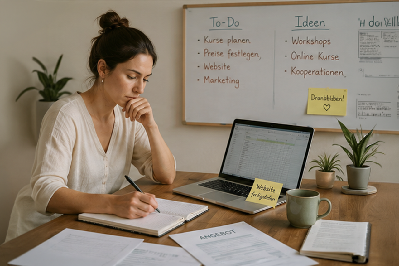 Planung eines eigenen Yogastudios mit Yogamatte, Notizen und Vision Board für angehende Yogalehrerinnen